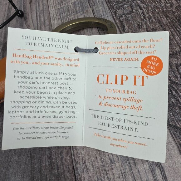 Handbag Handcuff Bag Restraint Security Cuff Strap Saddle Brown Faux Leather New - Picture 6 of 9